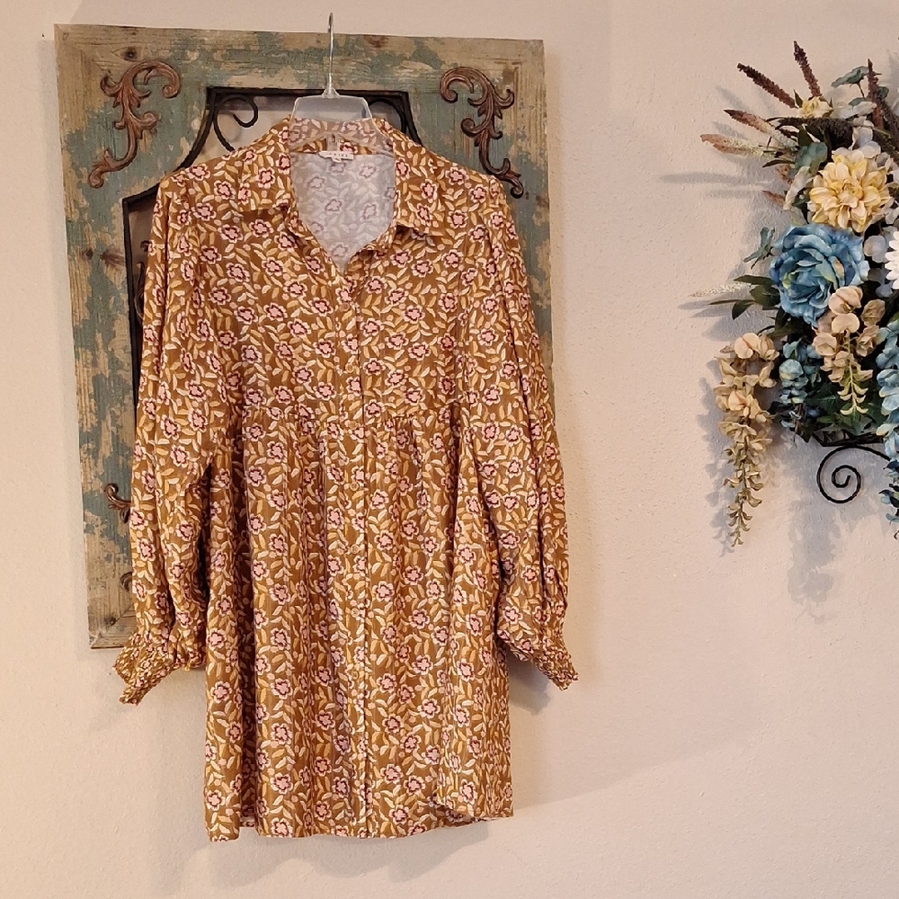 Mustard and White Patterned Long Sleeve Dress. Size  Small